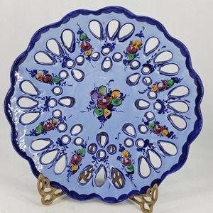 Vintage Hand painted Reticulated Blue Floral Wall Plate Decor Portugal